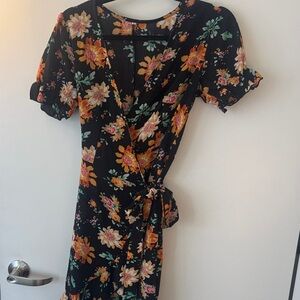 Floral Wrap Midi Dress in Black and Orange